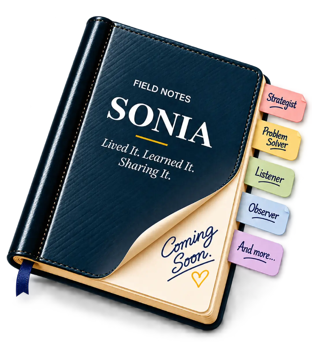 Sonia Specialist Field Notes coming soon diary with a navy blue cover, colorful tabs highlighting strategist, problem solver, listener and observer roles.